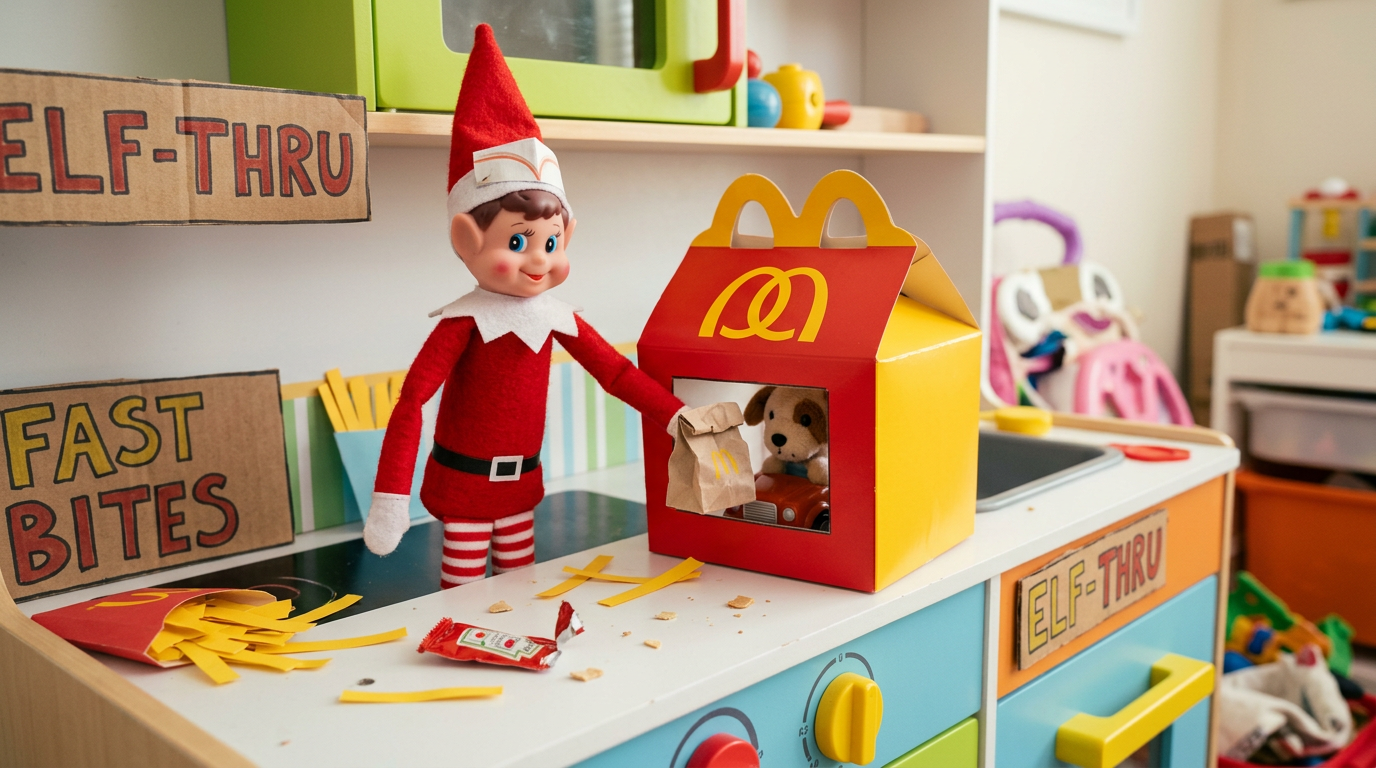 En liten nisse med pappersmössa står bakom en miniatyr drive-in-disk och håller fram en papperspåse till en leksaksbil som är parkerad vid fönstret, med en gosedjur-kund inuti.