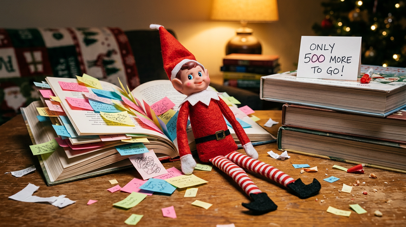 A small elf doll is propped up against a stack of children's books with colorful sticky-note annotations on the pages and a handwritten note nearby that reads, 'I picked your next great adventure โ which one will you choose?'