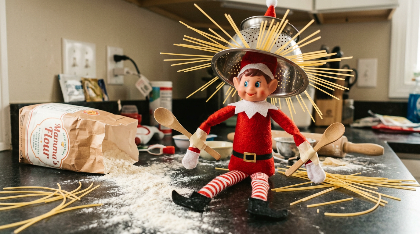 An elf stands at a kitchen counter wearing a colander as a hat, with wooden spoons taped to its hands in chef gestures, surrounded by scattered spaghetti noodles and a flour trail leading to an overturned bag.