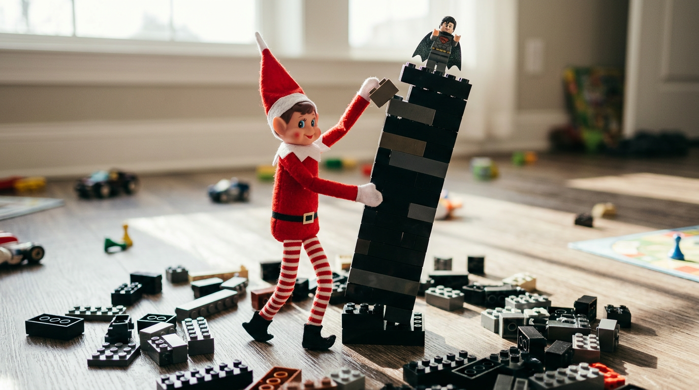 En Tomtenisse-docka står oroad bredvid ett snett svart Duplo-torn med LEGO Batman balanserad på toppen, omgiven av utspridda klossar på golvet i lekrummet.