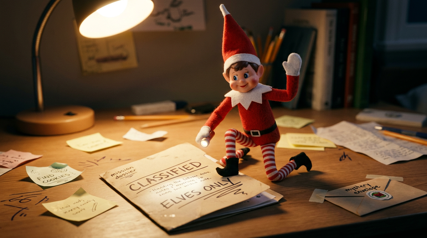 A small elf sits beside a folded paper dossier labeled 'CLASSIFIED – Eyes Only' with a tiny flashlight, sticky notes scattered around, and a mystery envelope taped nearby, creating a top-secret mission briefing scene on a child's desk.
