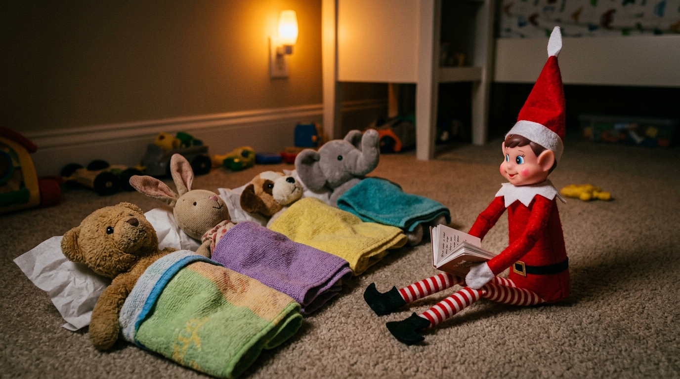 Una escena acogedora con el Elfo Travieso sentado al final de una fila de peluches, cada uno arropado con una toallita y una almohada de pañuelo, sosteniendo un cuento que dice «Buenas noches, amigos» bajo una pequeña luz nocturna que brilla suavemente.