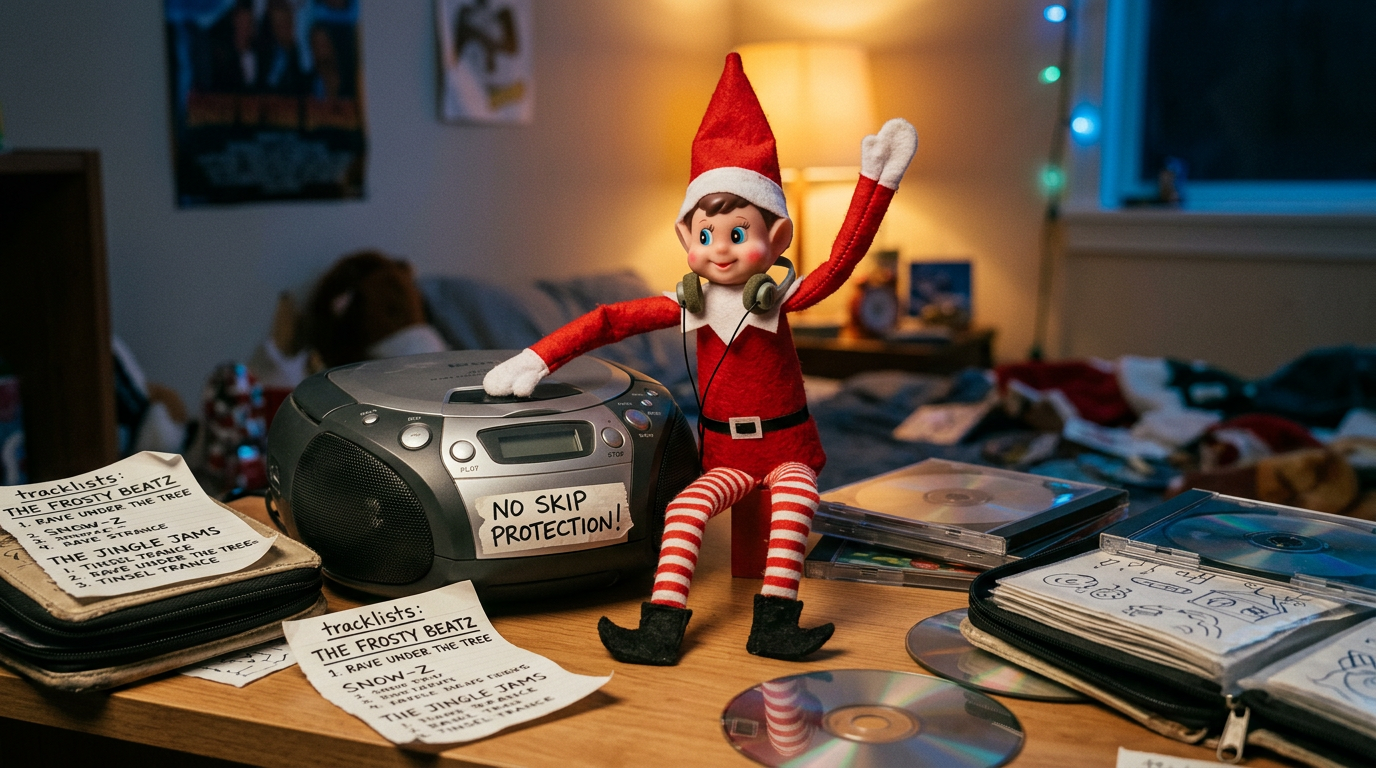 A playful elf sits behind a mini DJ booth with a Discman as the turntable, a 'FIRE MIXES 1998' CD binder, foam headphones, and a sign reading 'NO SKIP PROTECTION — LIVING DANGEROUSLY.'