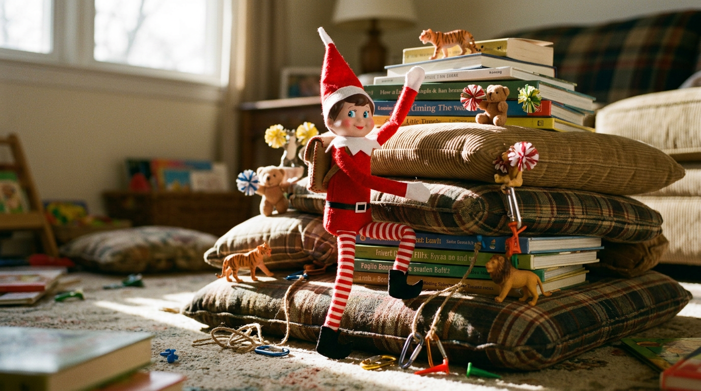 Un pequeño elfo posicionado en la base de una pila de libros con una mochila de fieltro, una bandera que dice 'Feliz Navidad Martín' en la cima, equipo de escalada disperso alrededor, y animales de juguete cerca como si estuvieran animando al elfo.