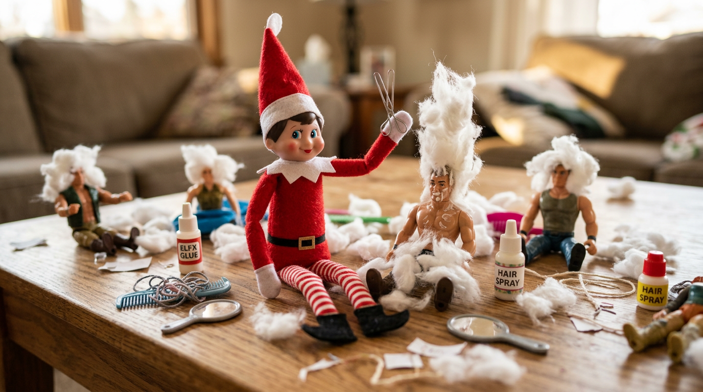 An elf sits on a coffee table surrounded by action figures with cotton ball beards and wigs, tiny paper clip scissors, scattered cotton ball 'hair clippings,' a small mirror, and a toy comb, creating a playful barbershop disaster scene.