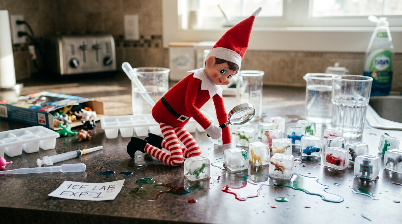 An elf doll sits at a kitchen counter surrounded by glasses of water in different stages of freezing, with toy figurines frozen inside ice cubes scattered around, a magnifying glass in its hands, and a sign reading 'Freezing Experiment in Progress' nearby.