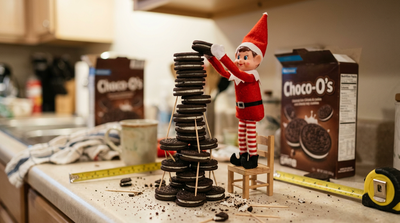 En lekfull scen där Tomtenissen står bredvid ett högt Oreo-torn med tandpetarstöd, ett måttband bredvid och en lapp med texten 'Nordpolens rekord: 12 kakor högt' på ett barnvänligt bord.