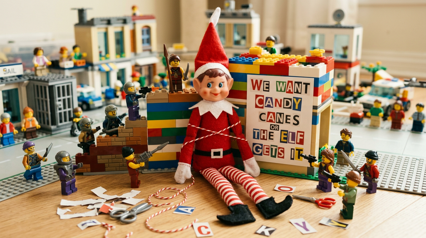 An elf is playfully tied up with red and white baker's twine in the middle of a Lego city, surrounded by villain minifigures holding tiny weapons, with a ransom note demanding candy canes and a Lego police car nearby.