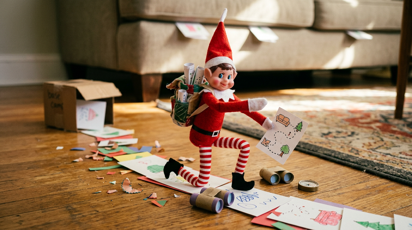 A small elf sits inside an open box with toy binoculars nearby, wearing a tiny fabric backpack, while handmade cards with drawings of stars, trees, and candy canes are hidden around the room and a simple picture map lies on the floor nearby.