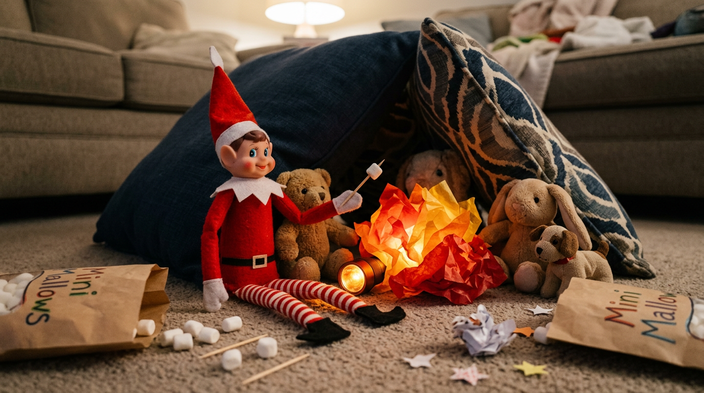 A cozy living room camping scene with couch cushions arranged as a tent, red tissue paper flames glowing from a flashlight, stuffed animals sitting around a pretend campfire, an elf roasting mini marshmallows on a toothpick, and a starry night sky backdrop made from perforated paper.