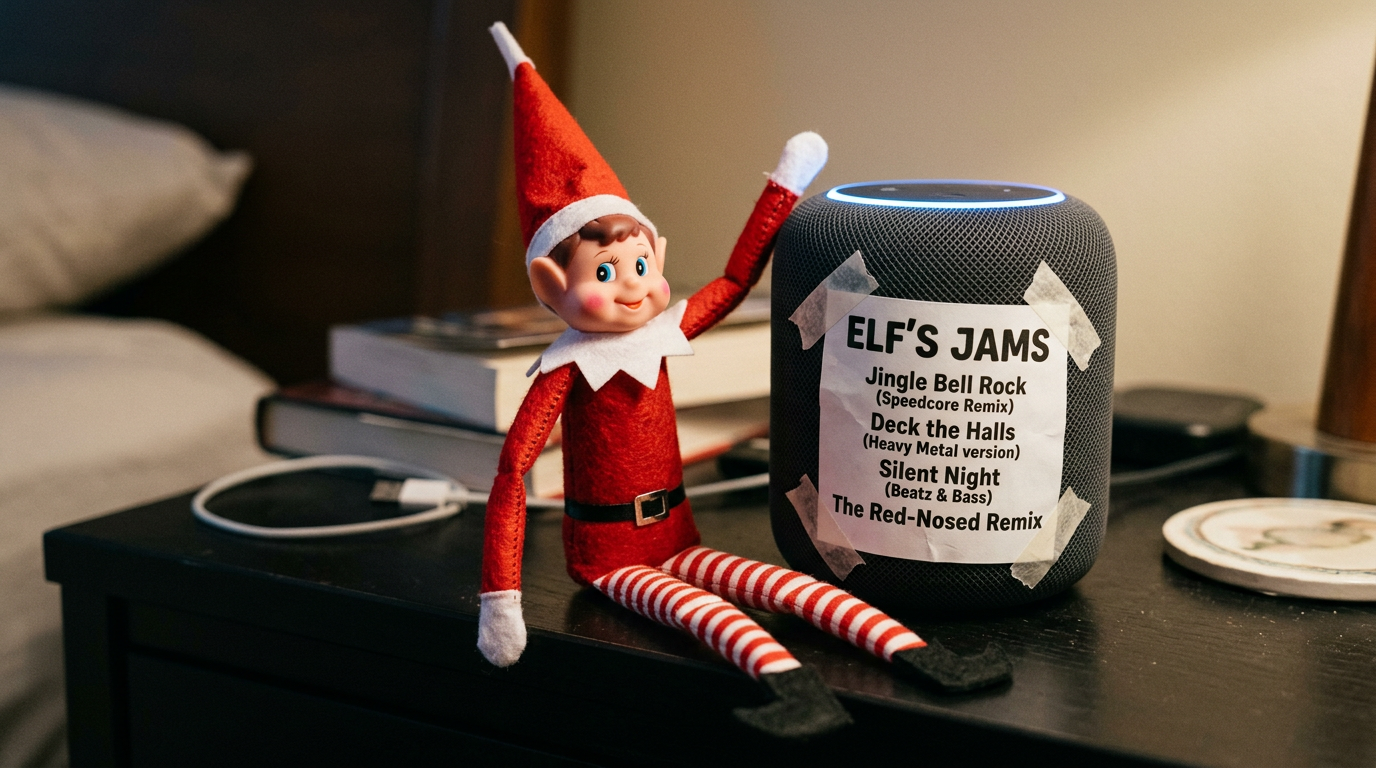 En liten rampenisse-dukke står ved siden av en smartspeaker med en lapp som sier «Jeg endret aktiveringsord til HO HO HO!» og en utskrevet spilleliste kalt «Rampenissens favoritter» med morsomme juleremiksker festet i nærheten.