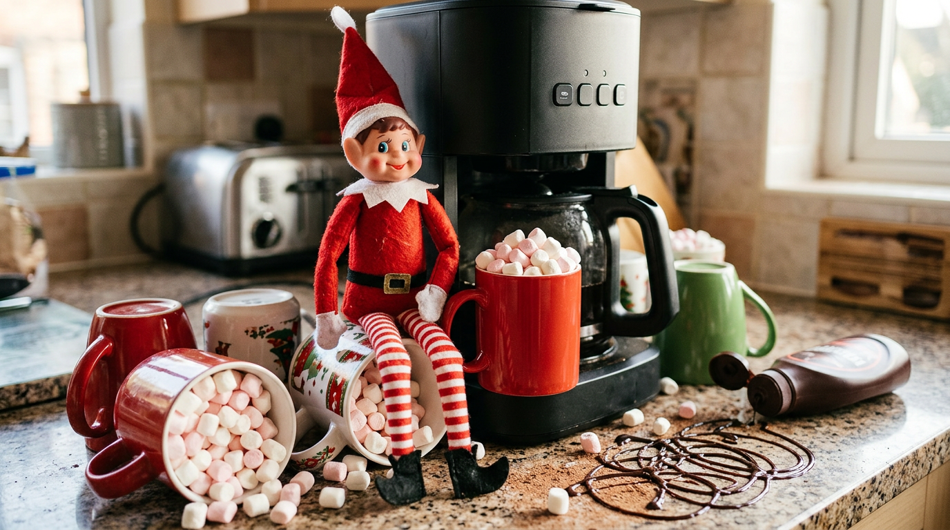 En liten nissedocka sitter bredvid en kaffebryggare på köksbänken omgiven av upp- och nedvända muggar fyllda med marshmallows och chokladsås i snirkliga mönster som latte art.