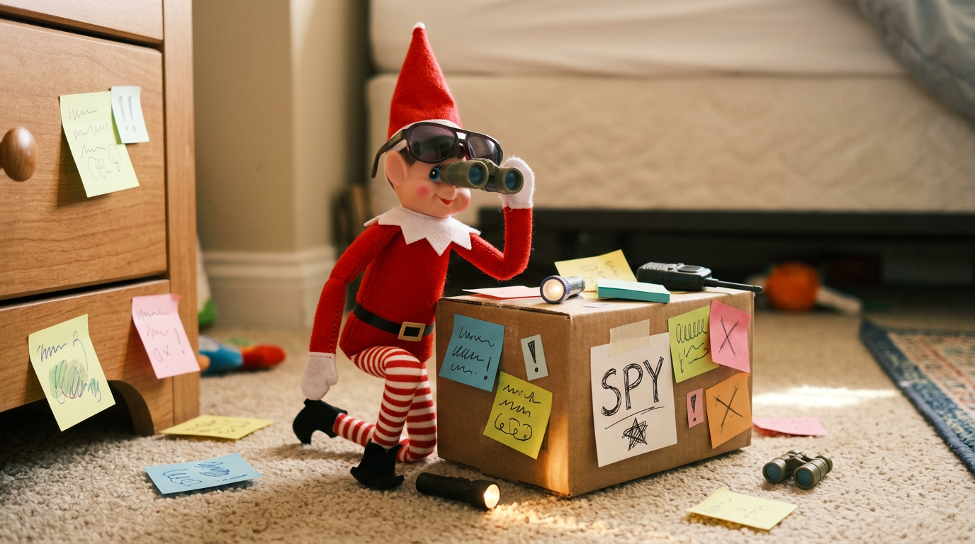 An elf wearing sunglasses and a homemade badge sits at a small spy headquarters with binoculars, a flashlight, a walkie-talkie, and sticky notes with funny observations about family members scattered around.
