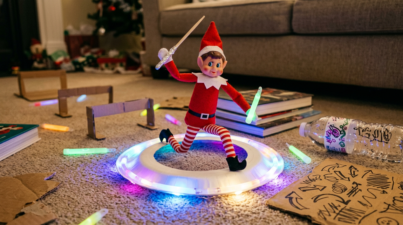 An elf is posed mid-action next to a paper plate portal with LED fairy lights, a flashlight with red cellophane, and foil-wrapped chopsticks, with a note reading 'Day 3 of HUNTR/X Academy - almost ready to debut as the North Pole's newest demon hunter! Current power level: LEGENDARY ✨⚡'
