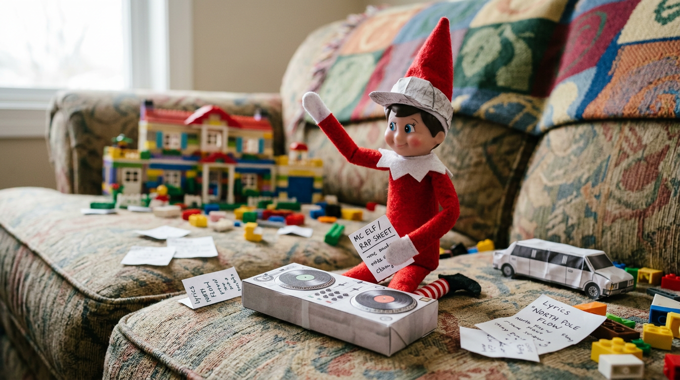 An elf sits on a couch wearing a paper snapback cap, holding a tiny rap sheet, with a block-built Bel-Air mansion, a paper limo, signs about West North Pole, and a tiny DJ turntable nearby.