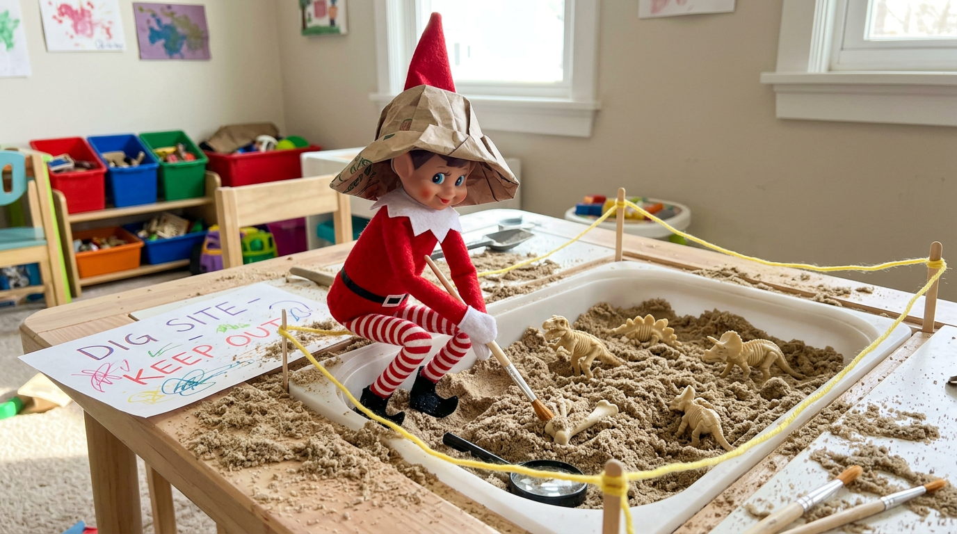 A small elf wearing a paper explorer hat stands next to a bin filled with rice, holding a paintbrush, with a sign reading 'I discovered dinosaur bones! Can you help me dig?' and dinosaur toys partially buried in the rice.