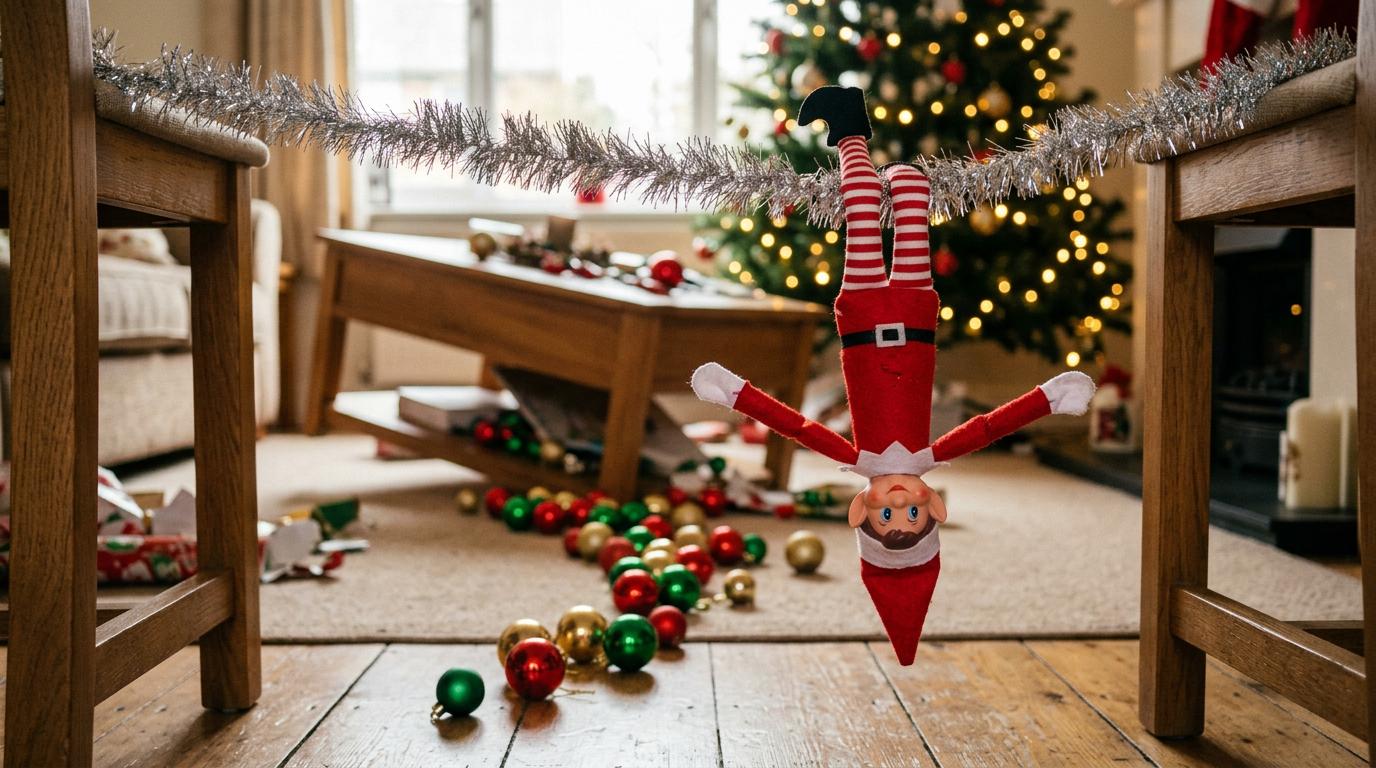 A small elf toy dangles upside down from a strip of tinsel strung between two chair legs, with unbreakable plastic baubles scattered across the floor in a playful trail leading away from a coffee table.