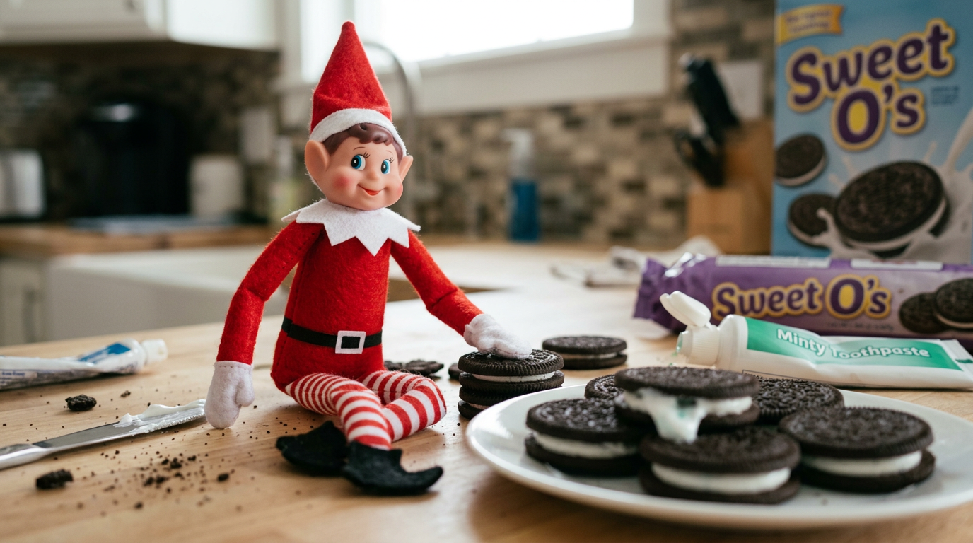 An elf wearing a rubber glove stands beside a plate of Oreos that have been split open, filled with white toothpaste, and reassembled, with a butter knife and toothpaste tube nearby, creating a playful cookie factory scene.