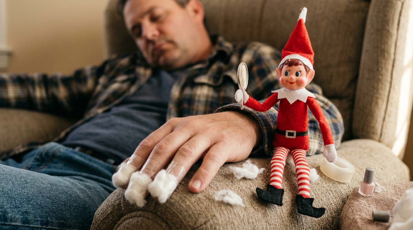 En liten rampenisse og en bamse sitter ved siden av pappaens hånd mens han sover, omgitt av bomullskugler, en tom neglelakkflaske, en liten børste og et speil som danner en morsom spa-scene.